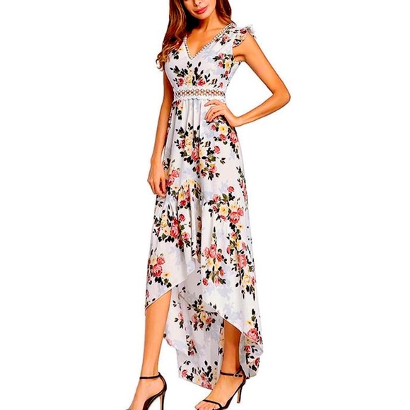 Ivory Floral Boho High Low Dress With Open Back - Picture 4 of 6